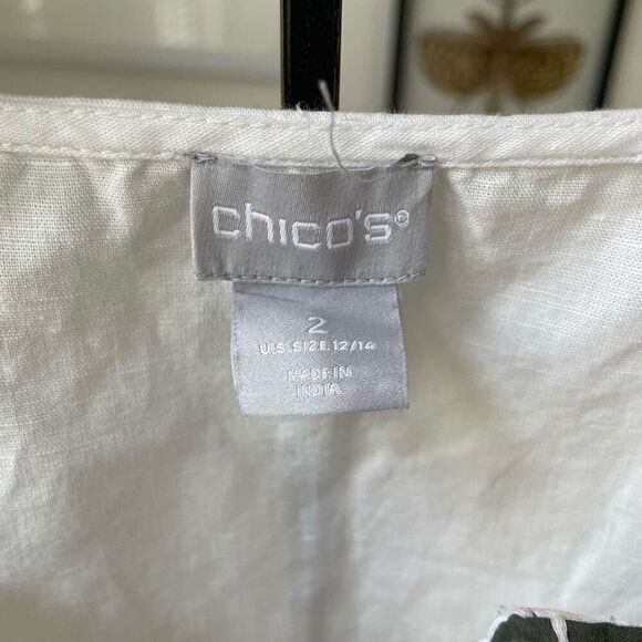 Chico’s Linen Blend Moss Green Floral Applique Tunic Top 2 12 M - Picture 5 of 7